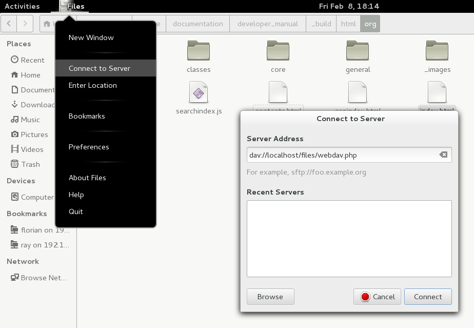capture d'écran de configuration du gestionnaire de fichiers Nautilus pour utiliser WebDAV